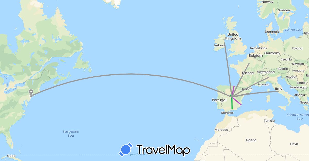 TravelMap itinerary: driving, bus, plane, train in Spain, France, Ireland, Italy, United States (Europe, North America)